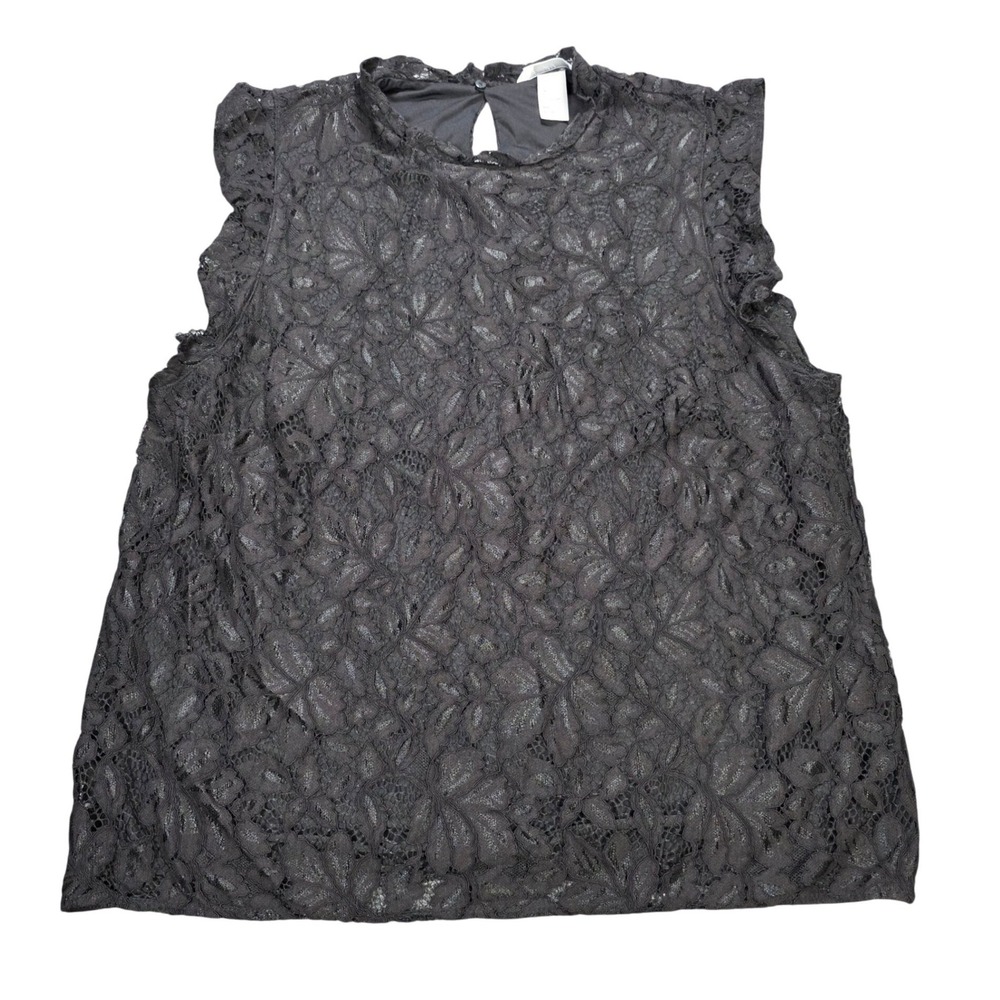 H&M Floral Lace Blouse Top Women's Size L Black Sleeveless High Neck Lined